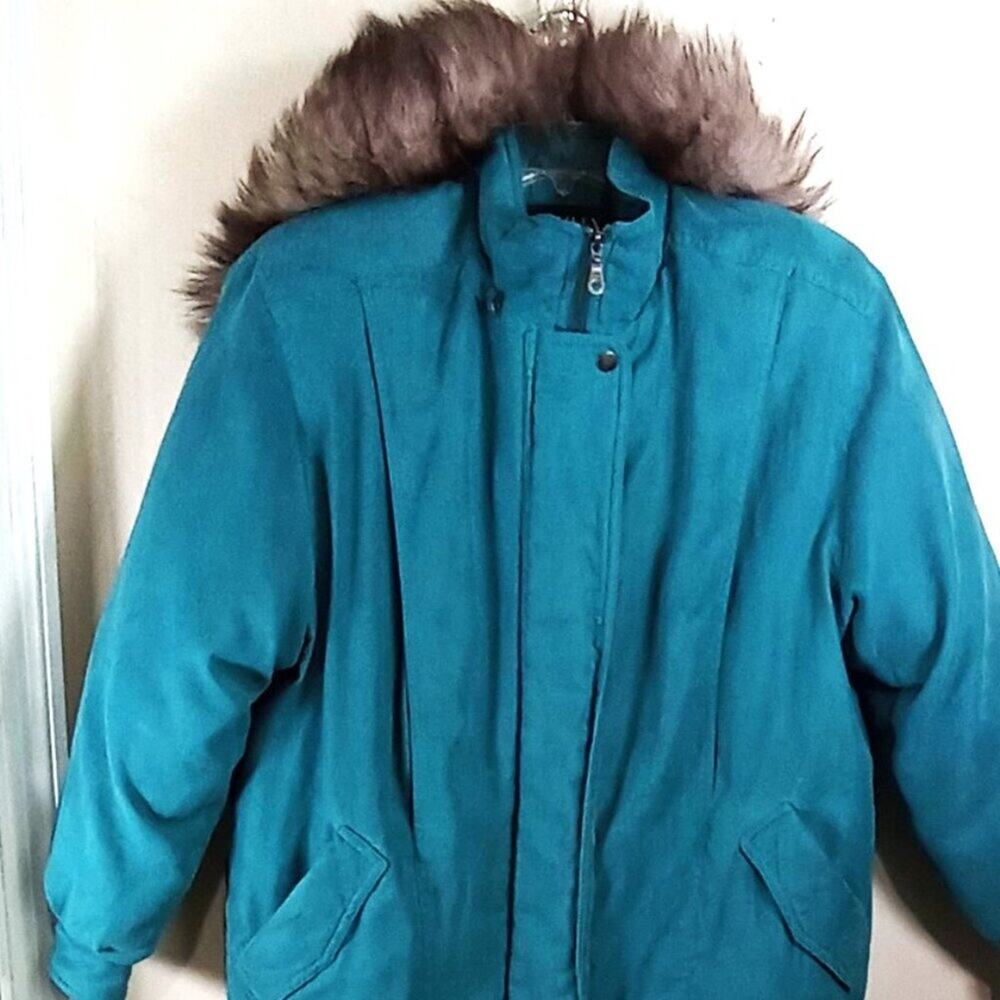 Bromley Hooded Jacket Coat Down Petite Medium Green Faux Fur See Condition Below